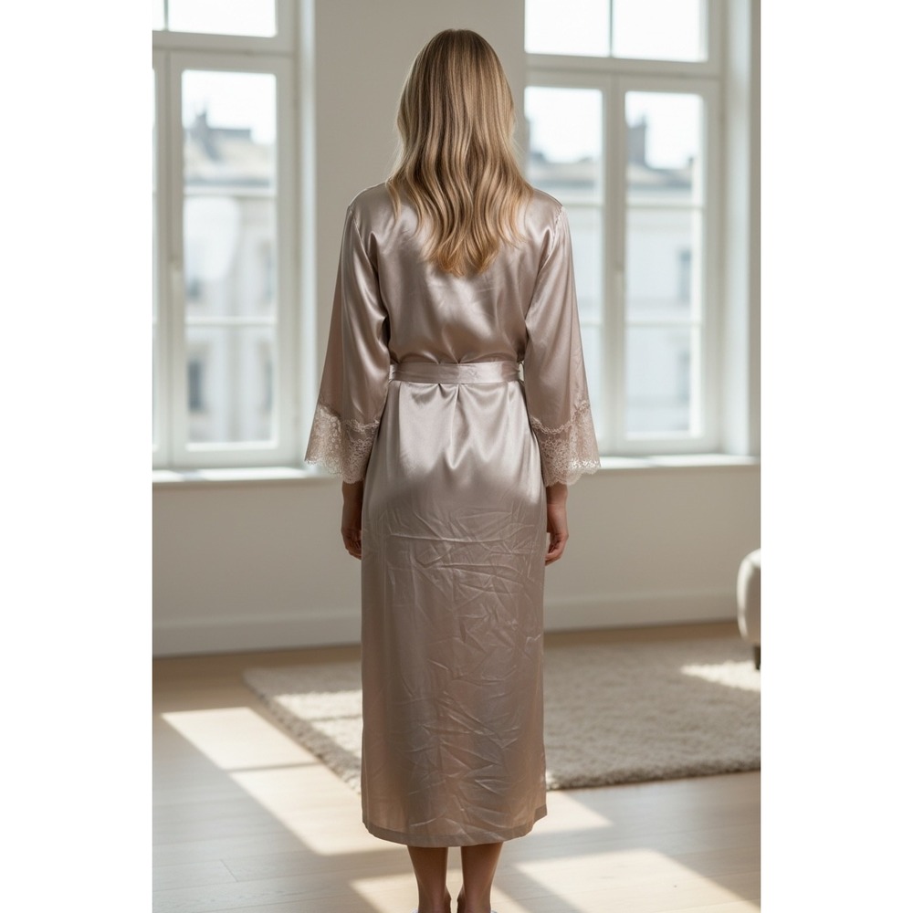 FLORA Champagne Pink Satin Long Robe Lace Sleeve Trim Wrap Belted Loungewear S/M - Picture 2 of 4
